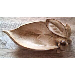 Vintage Ceramic  Dish/Planter - Bird Perched on a Leaf - Tan - 12 inches